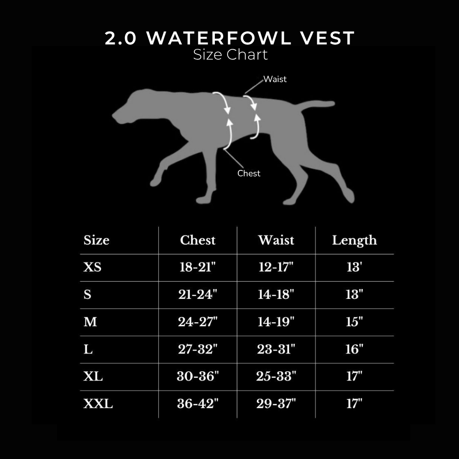 Size chart for a 2.0 Waterfowl Vest on a black background