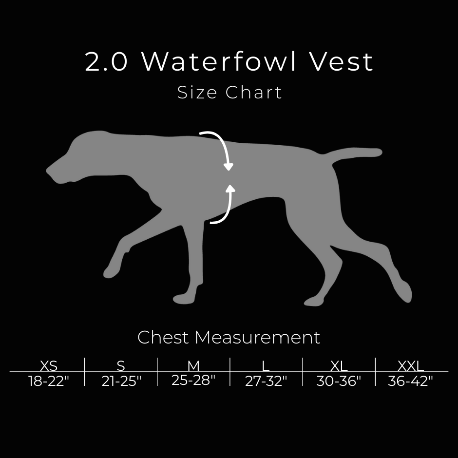 Size chart for 2.0 Waterfowl Vest with a silhouette of a dog and chest measurement labels.