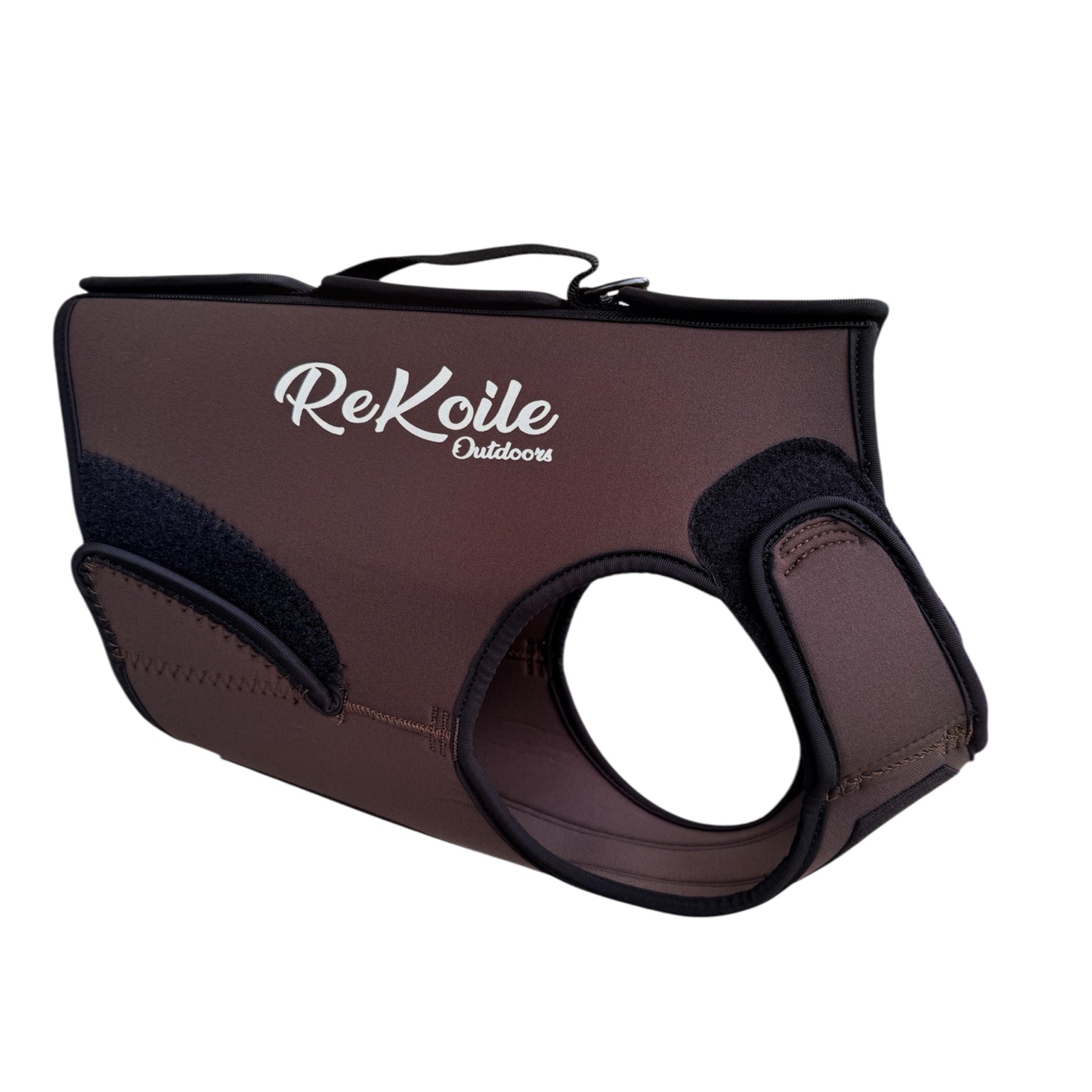 Brown dog harness with 'ReKoile Outdoors' branding on a white background