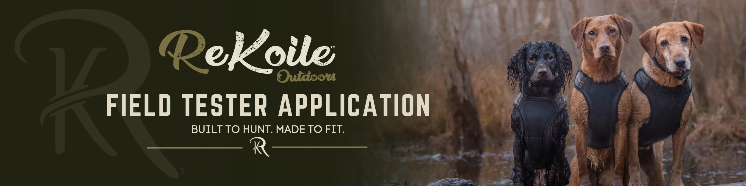 Three dogs wearing ReKoile outdoor gear with text about a field tester application.