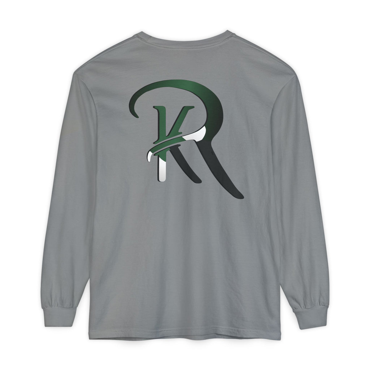 A Grey long-sleeve t-shirt with a large ReKoile Outdoors graphic print on the back featuring Golden eye duck colors
