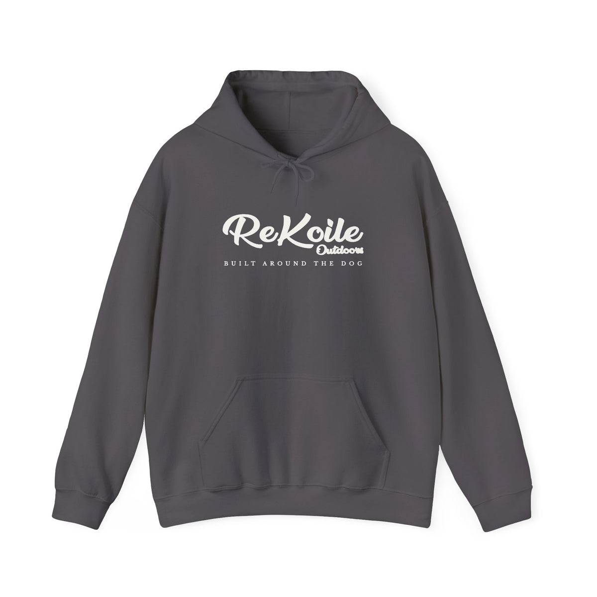 Gray Hoodie with ReKoile Outdoors logo printed across the front with the saying Built around the Dog
