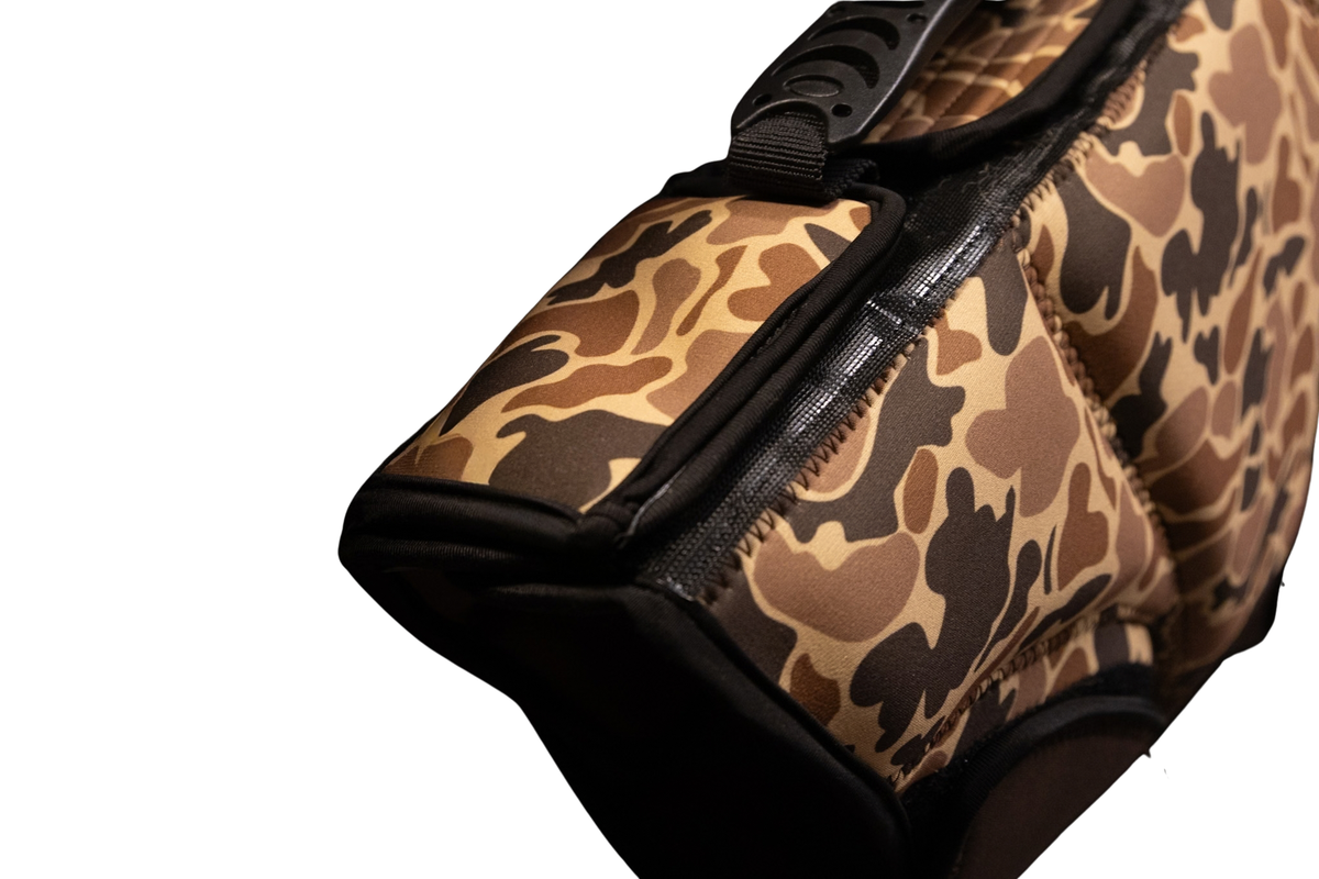 Back view low profile dog life jacket in old school Camo.
