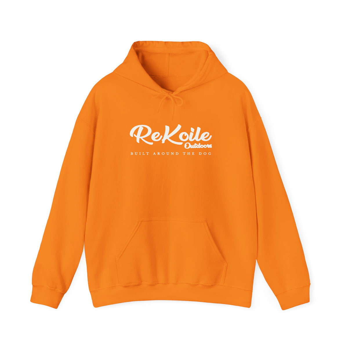 safety orange Hoodie with ReKoile Outdoors logo printed across the front with the saying Built around the Dog