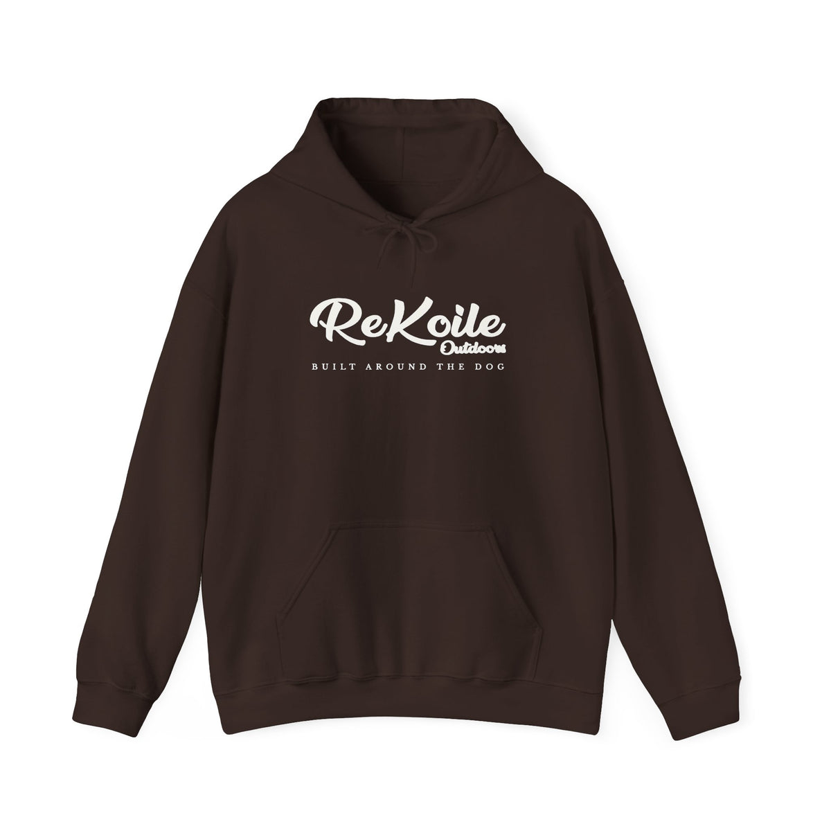 dark chocolate colored Hoodie with ReKoile Outdoors logo printed across the front with the saying Built around the Dog