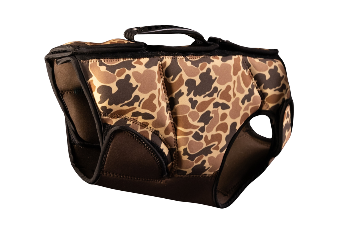 back side view low profile dog life jacket in old school Camo.