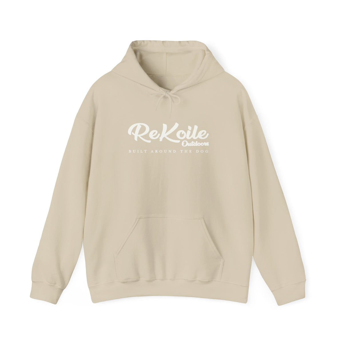 Sand colored Hoodie with ReKoile Outdoors logo printed across the front with the saying Built around the Dog
