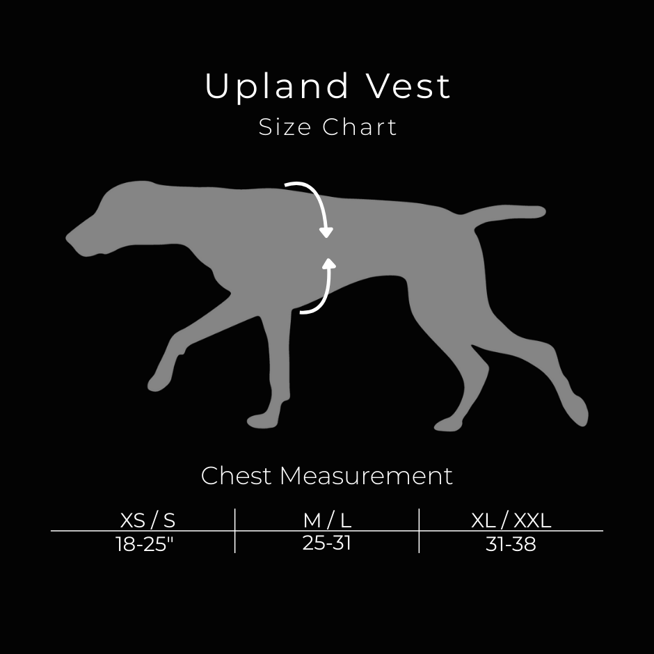 Upland Vest size chart for dogs with a silhouette of a dog and measurement guide on a black background