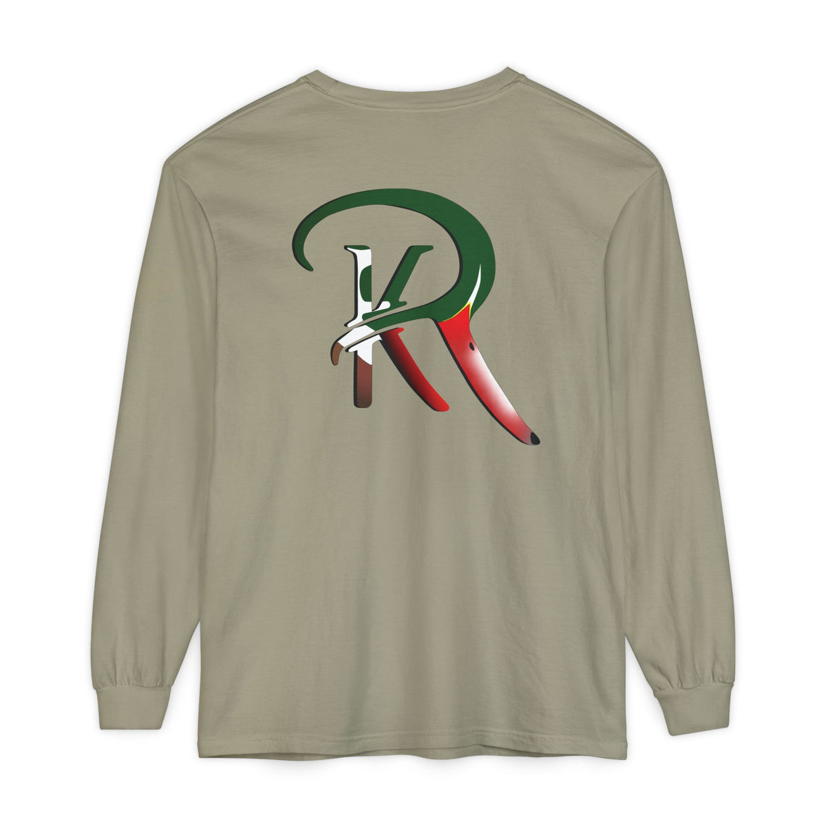 A sandstone color long-sleeve t-shirt with a large ReKoile Outdoors graphic print on the back featuring wood duck colors