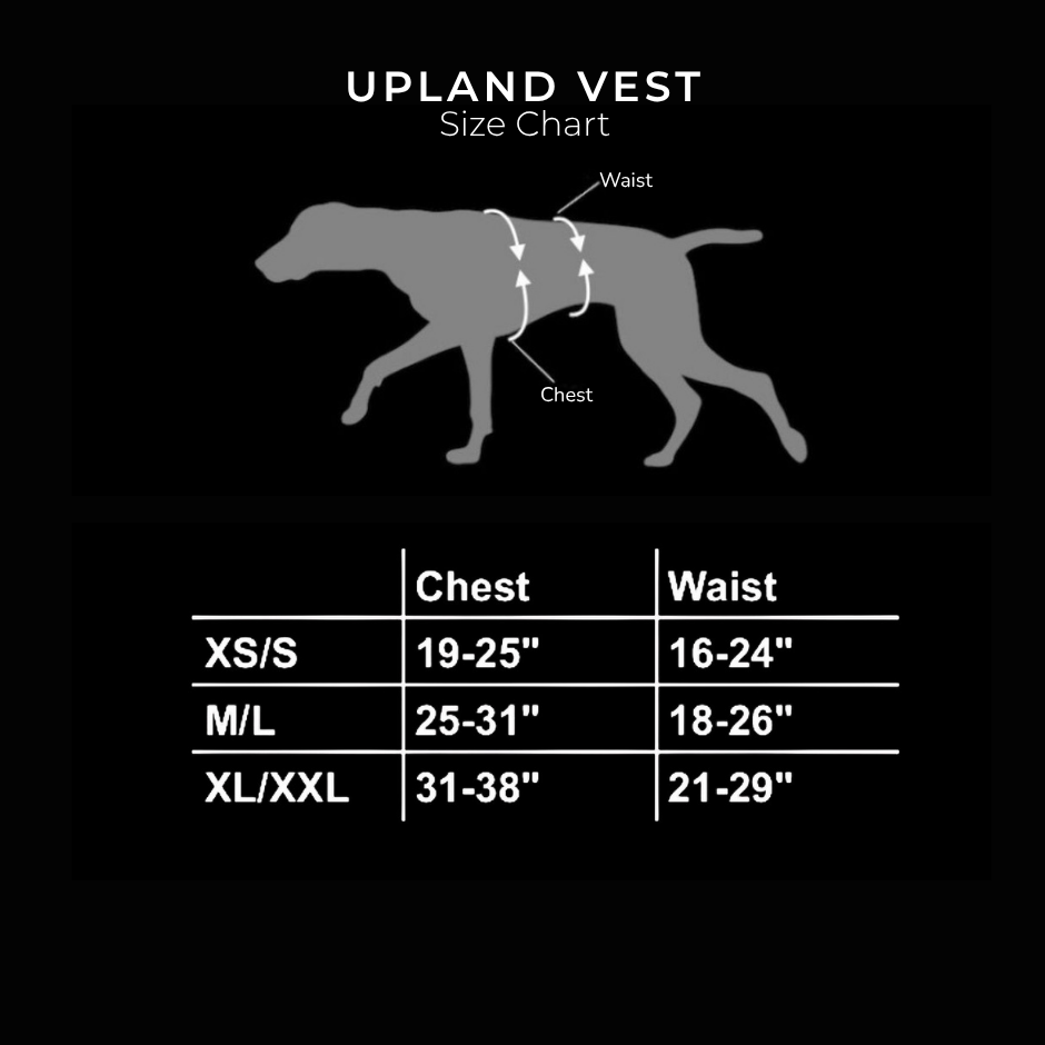 Upland vest size chart with a diagram of a dog and measurement guide on a black background