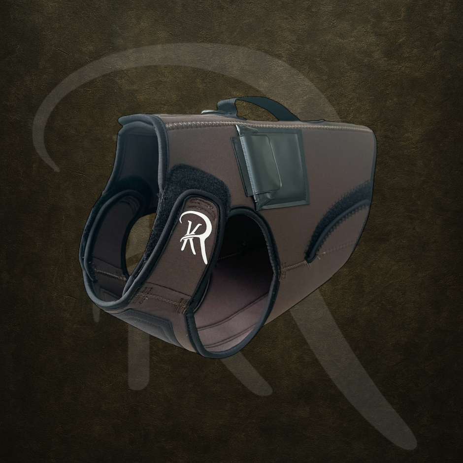 Brown neoprene dog vest with a ReKoile logo on a dark background