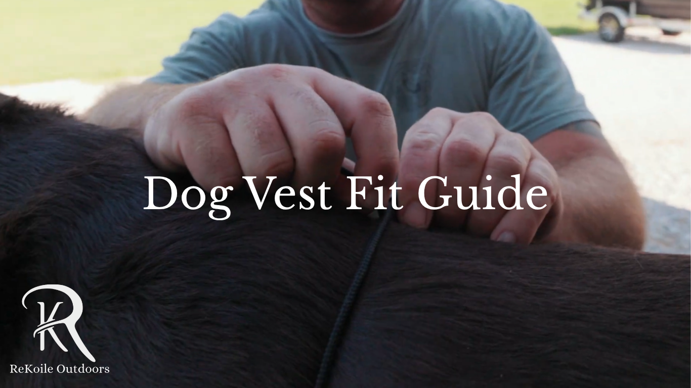 Person adjusting a dog vest with text 'Dog Vest Fit Guide' and ReKole Outdoors logo.