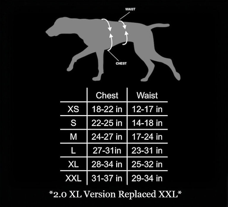 Dog size chart for chest and waist measurements on a black background