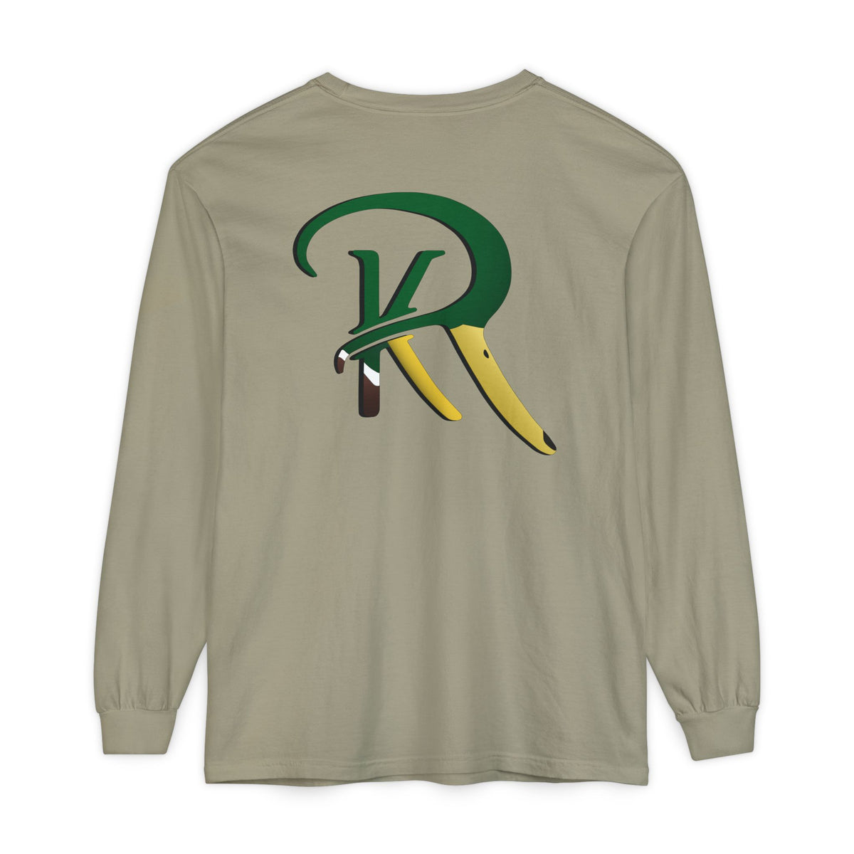 A Sandstone long-sleeve t-shirt with a large ReKoile Outdoors graphic print on the back featuring Mallard drake duck colors