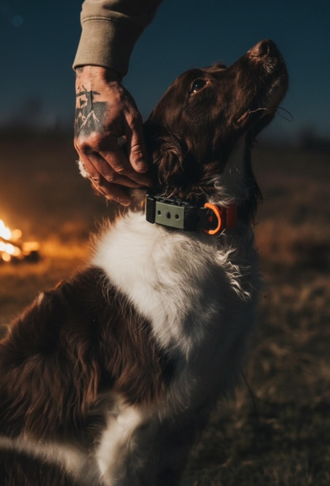 Dog being petted by a person with a tattoo, standing in a field at night.