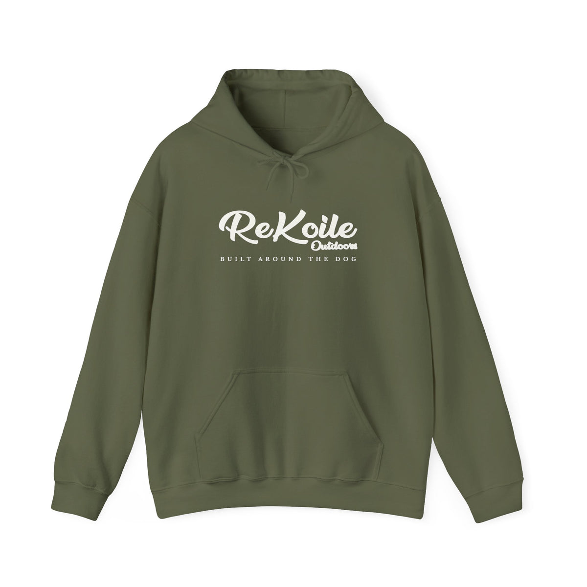 military green Hoodie with ReKoile Outdoors logo printed across the front with the saying Built around the Dog