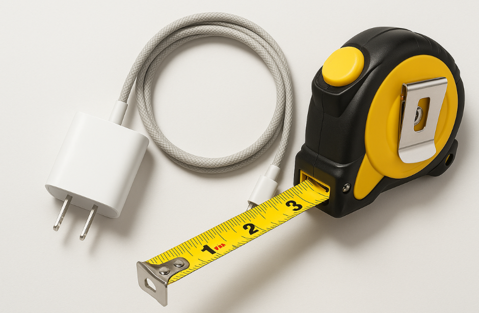 Tape measure and power adapter on a white background